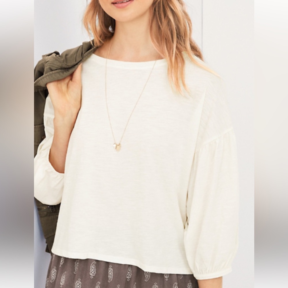 Garnet Hill Cream Boxy Crop Blouse with 3/4 Sleeves